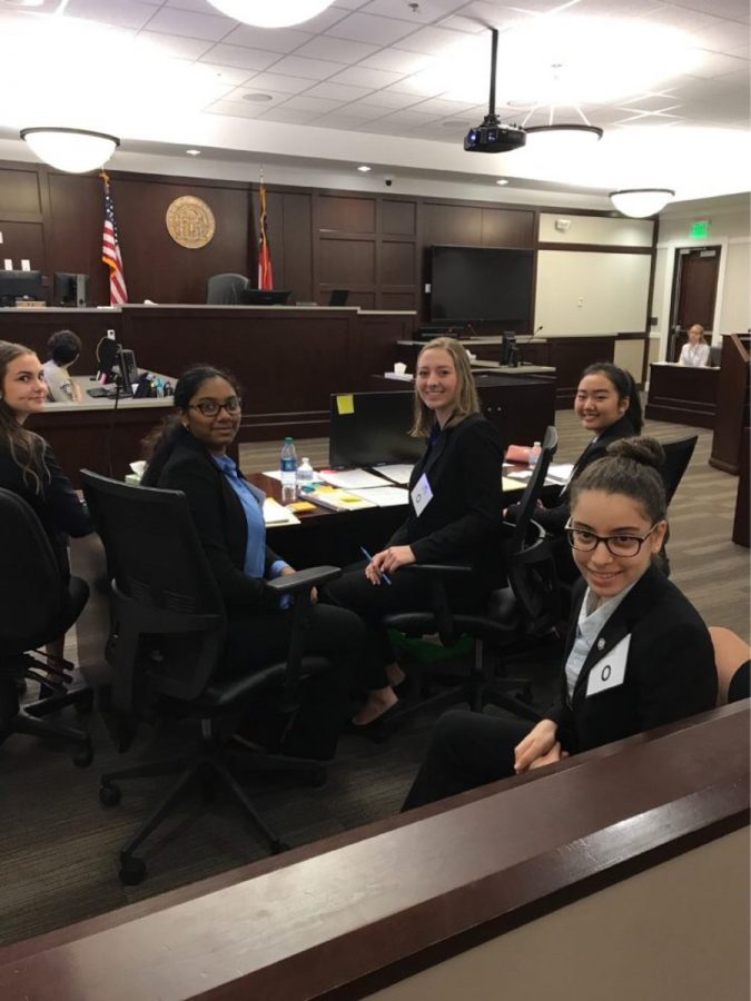 The defense in the courtroom before trial. 
From left to right, Cheney Dunwoodie, Sisira Amara, Allie Kench, Cherise Kim and Shir Halfon.