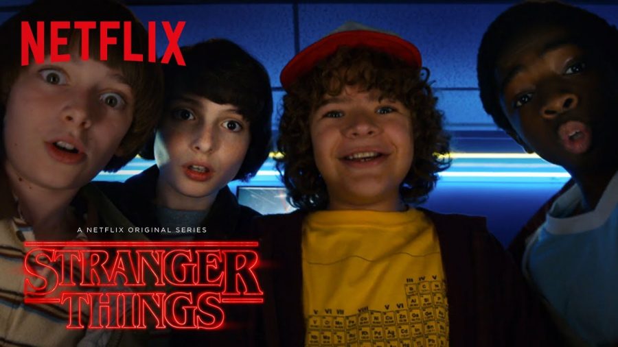 The main 4 cast members from left to right: Noah Schnapp as Will Byers, Finn Wolfhard as Mike Wheeler, Gaten Matarazzo as Dustin Henderson, and Caleb McLaughlin as Lucas Sinclair.