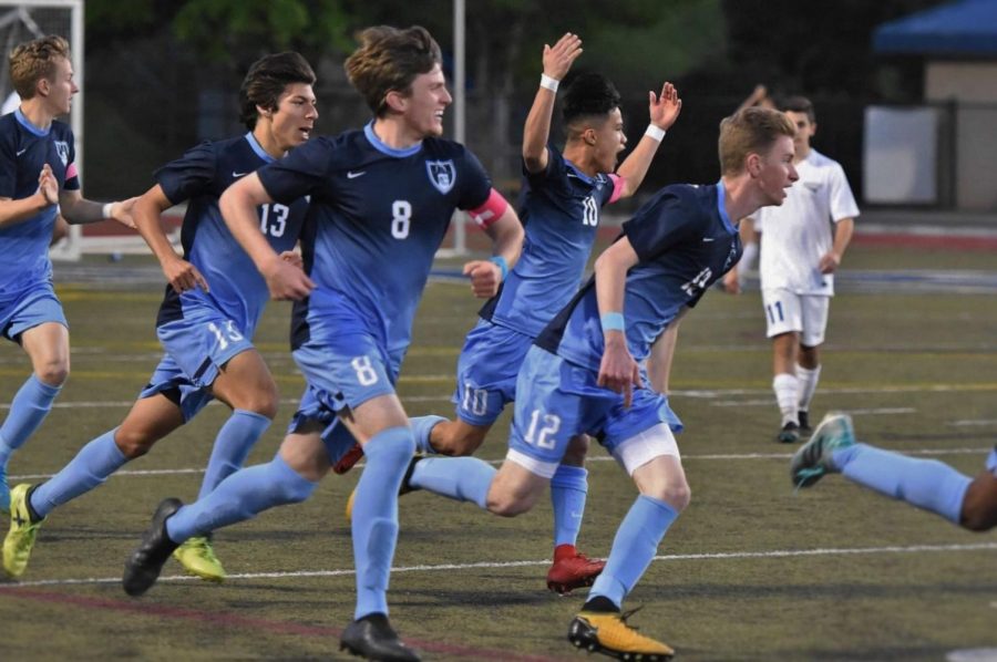Left to Right: Midfielder and Junior Treyson Rielly, Forward and Sophomore Reece Degan, Rose, Ramirez, and Defense and Junior Jack Tindle erupt in cheers after a goal against Chattahoochee.      

