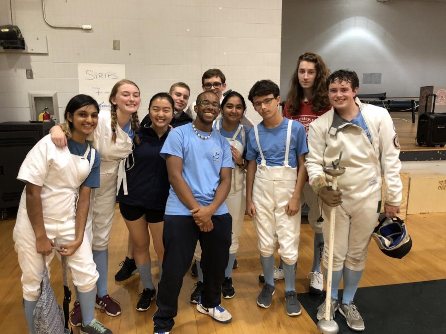 Members of the Cambridge fencing team at the Dunwoody High School tournament.