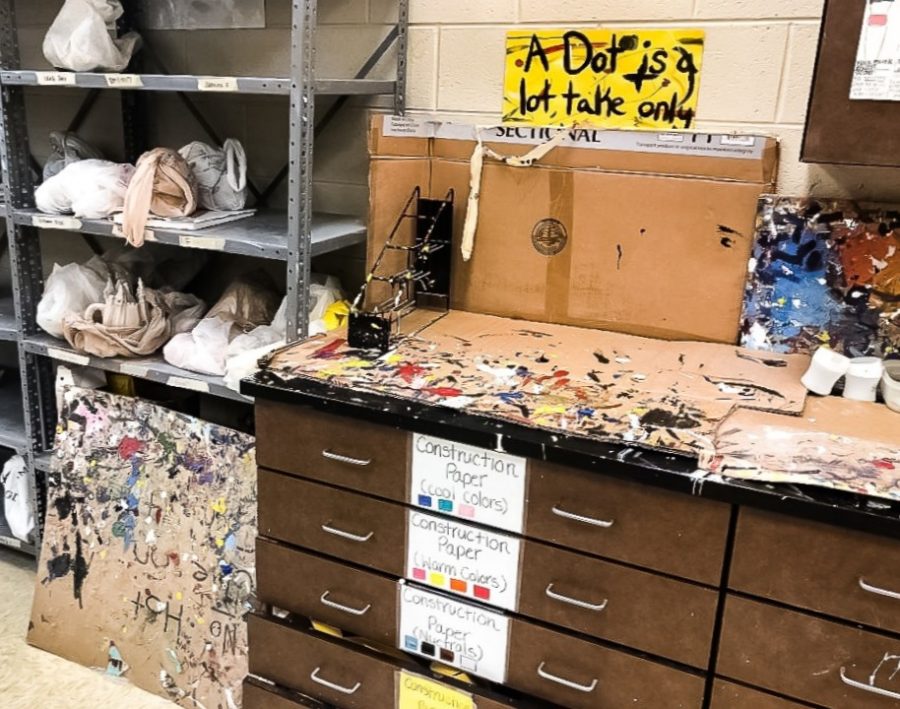 A counter space in Harris room where different art materials are stored underneath for students to use on a regular basis.    
