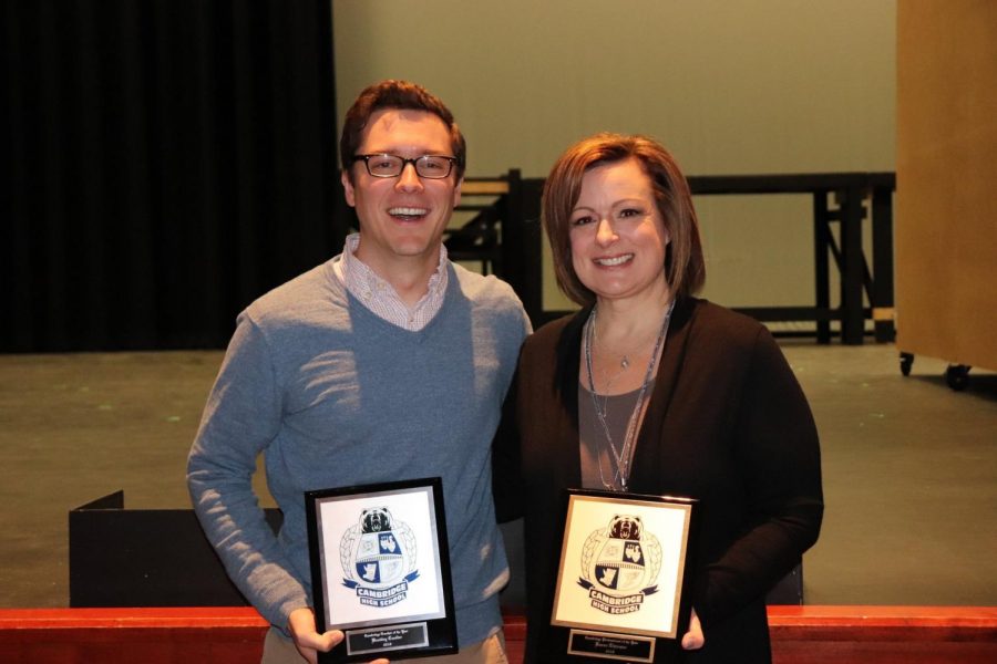 Professional of the Year Karen Thimsen and Teacher of the Year Brad Coulter with their award plaques.