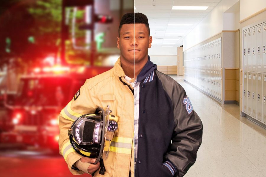 Sophomore Philip-Michael Collins is shown here as both a regular student and a certified firefighter.