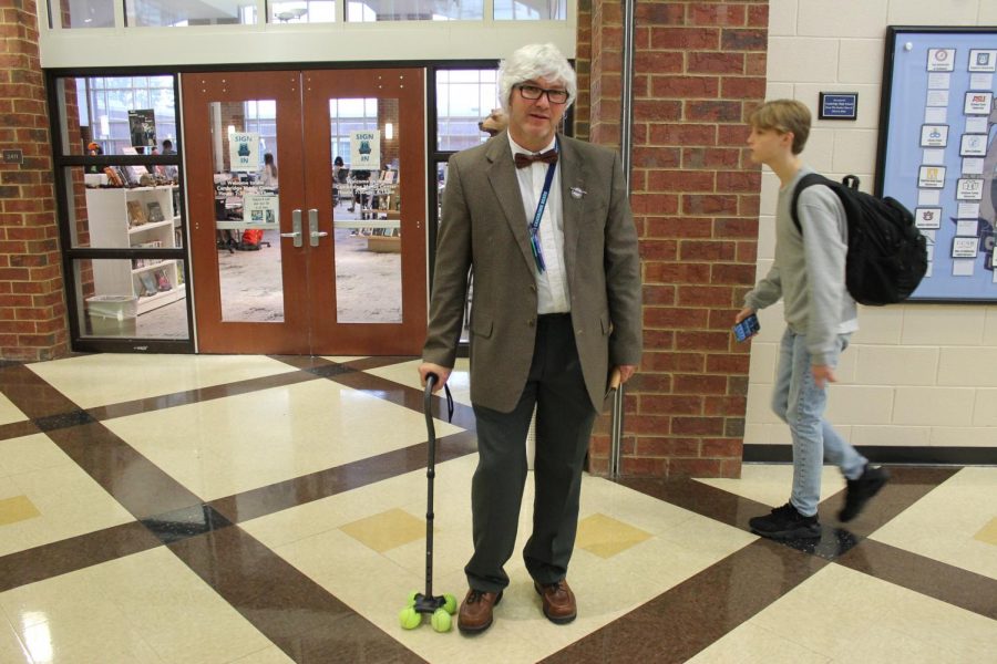 Mark Schuler as Carl Fredrickson from the Disney movie Up. This costume was coordinated with Lauren Hall and Brad Coulter, other teachers in the Social Studies department. 