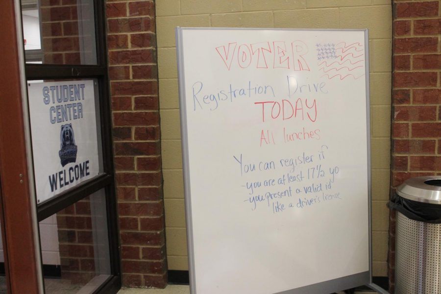 The voter registration sign outside of the schools student center.