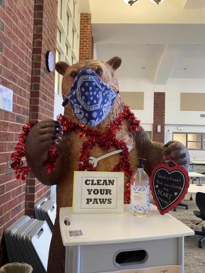 The bear in the student center is decked out for Valentines Day.
