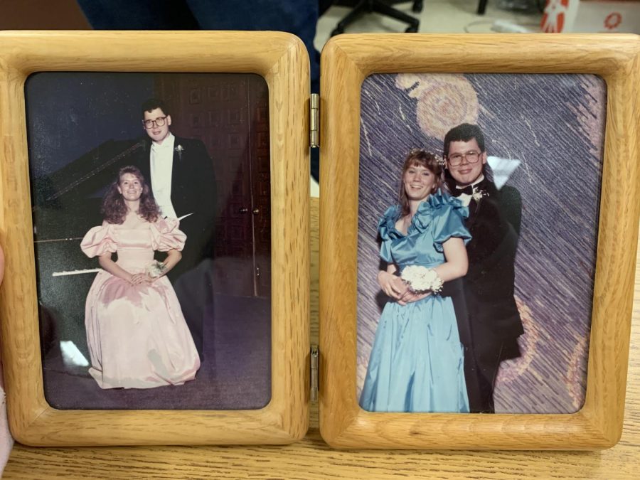 At her classroom desk, Gretchen Martin has this double frame. On the left, she and Lester are at her senior prom, and on the right, they are at his senior prom.