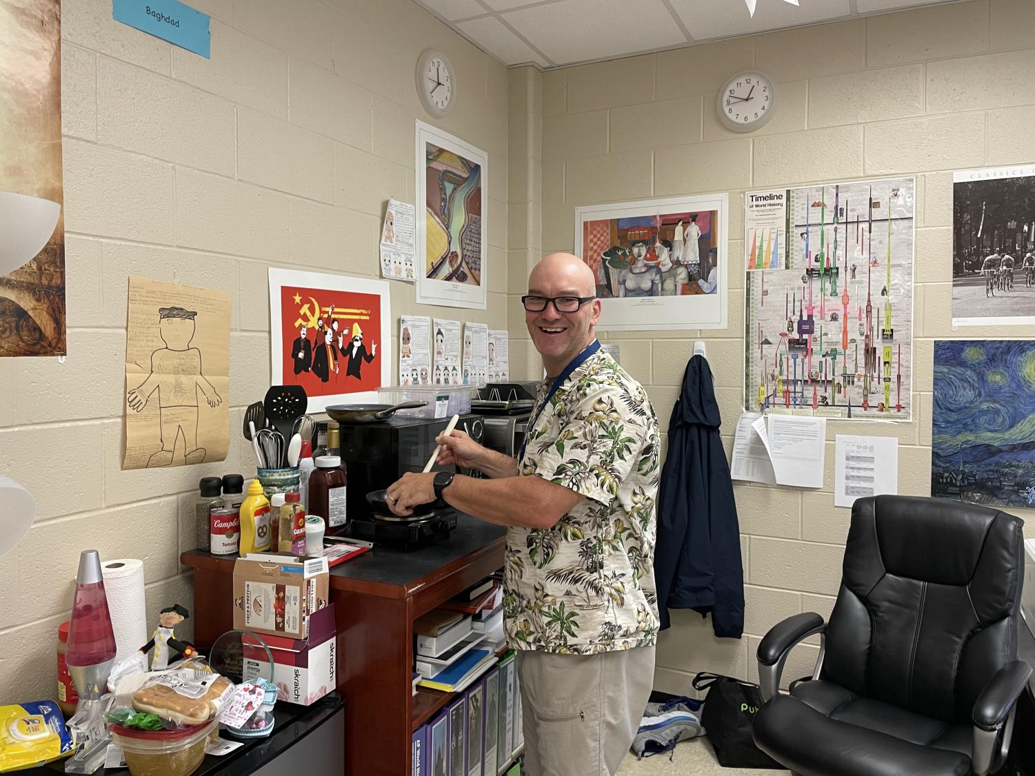 Schuler in the corner of his classroom that has become a kitchen.