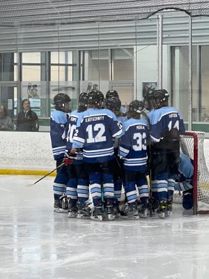 Bears celebrate a win by crowding around their goalie.