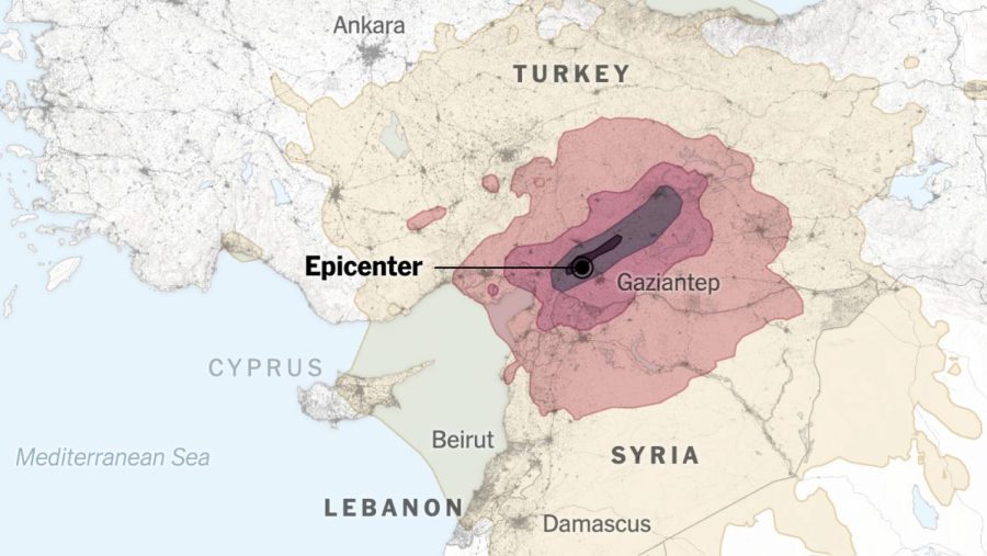 Map of Turkey and Syria displaying the earthquakes epicenter and areas most affected. (New York TImes)