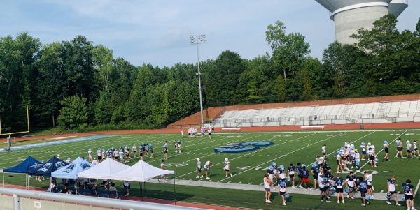A look over the football field as players practice after school in the heat. 