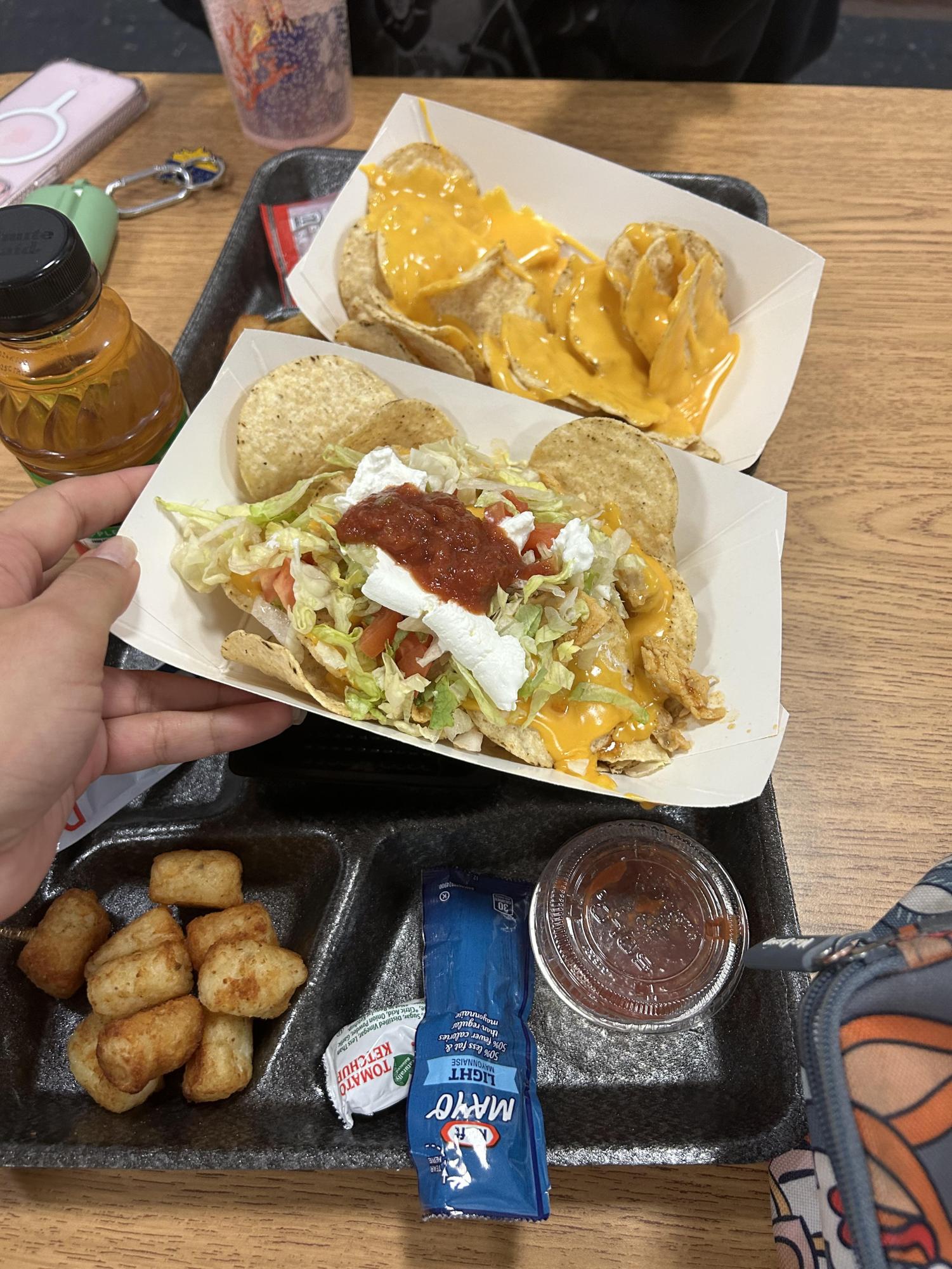On the bottom is a bowl of grilled chicken nachos with lettuce, tomatoes, salsa, and sour cream. On the top, is a students bowl without any toppings. 